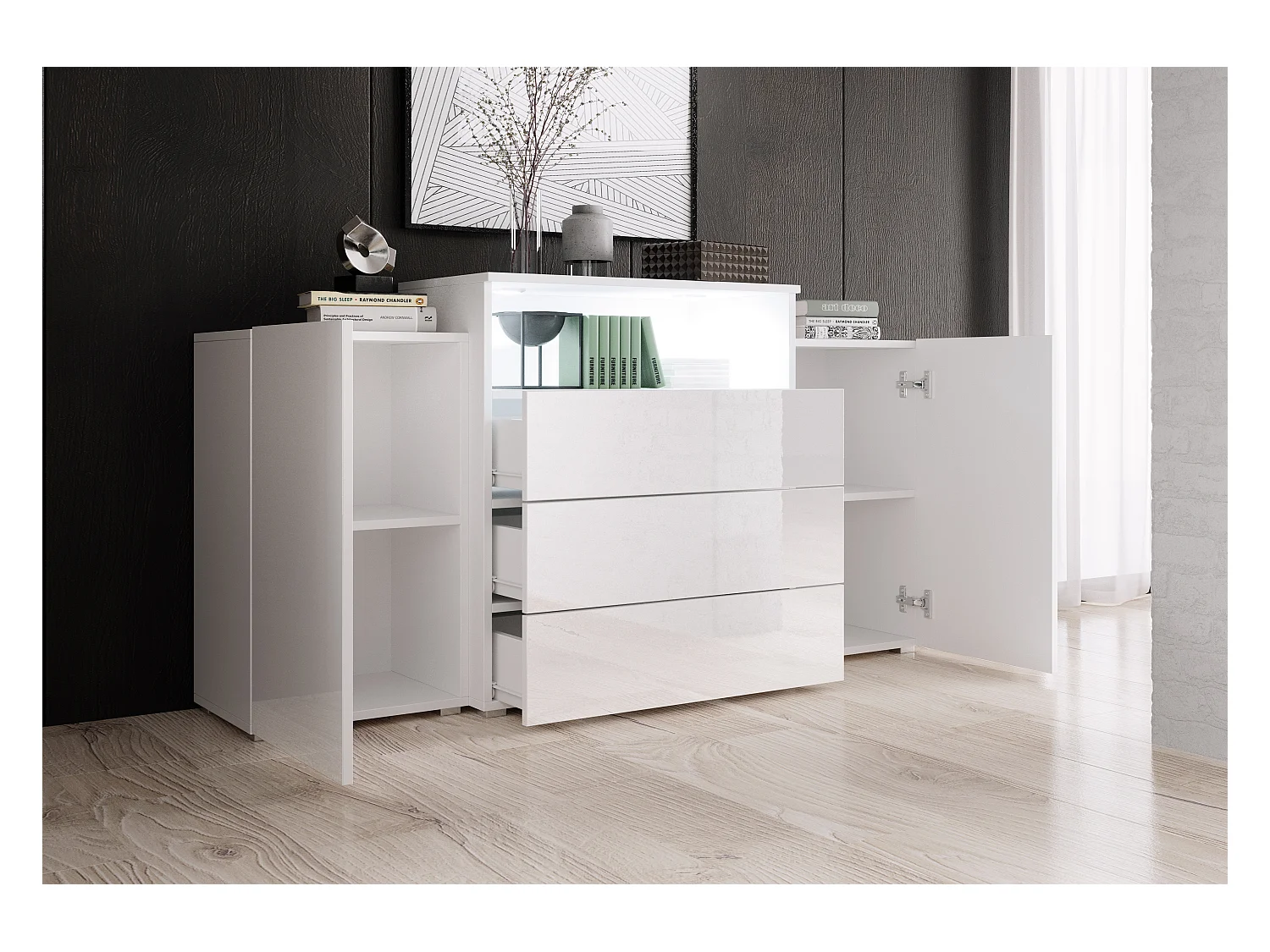 Dressoir 150 cm voor woonkamer – modern, staand met 3 lades, open vak en zijdeuren, corpus wit mat en fronten wit hoogglans
