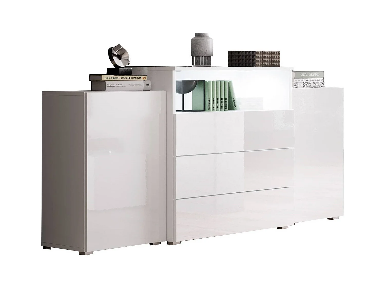 Aparador 150 cm para salón – moderno, de pie con 3 cajones, hueco y puertas laterales, cuerpo blanco mate y frentes blanco brillo