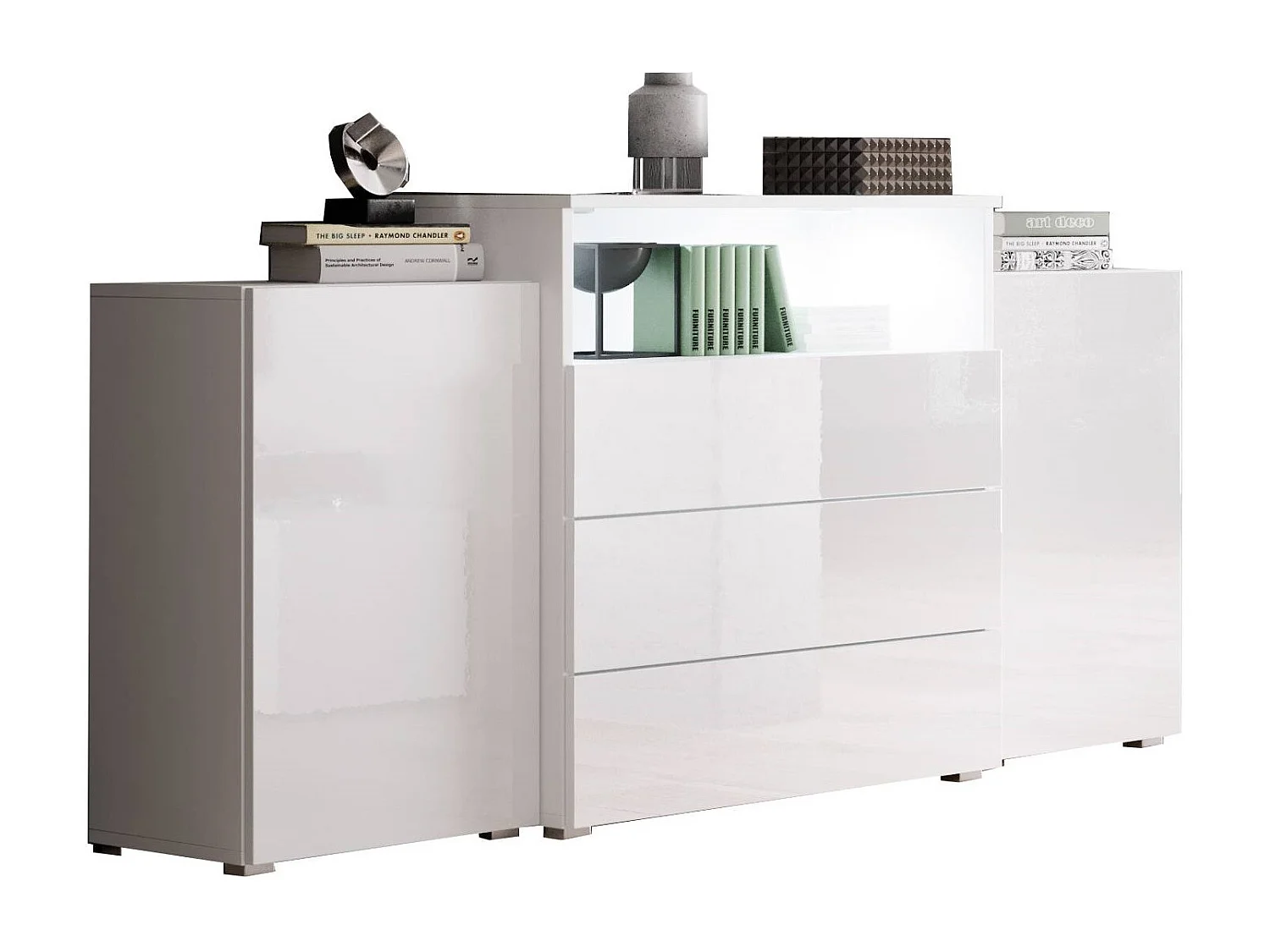 Dressoir 150 cm voor woonkamer – modern, staand met 3 lades, open vak en zijdeuren, corpus wit mat en fronten wit hoogglans