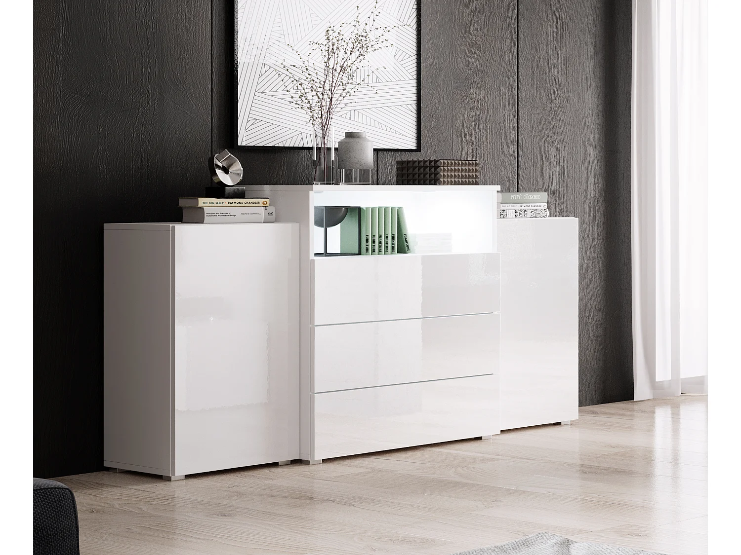 Dressoir 150 cm voor woonkamer – modern, staand met 3 lades, open vak en zijdeuren, corpus wit mat en fronten wit hoogglans