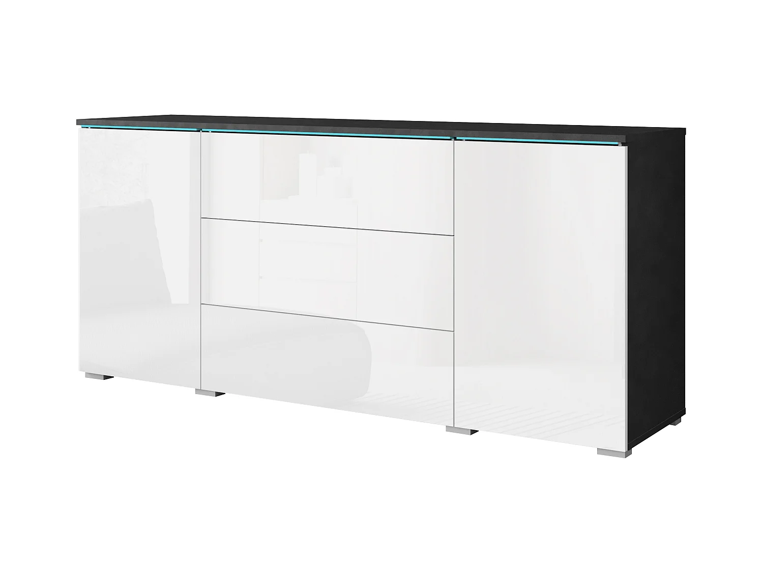 Modern dressoir 150 cm voor woonkamer 3 lades en 2 kastjes corpus matera mat en fronten wit hoogglans
