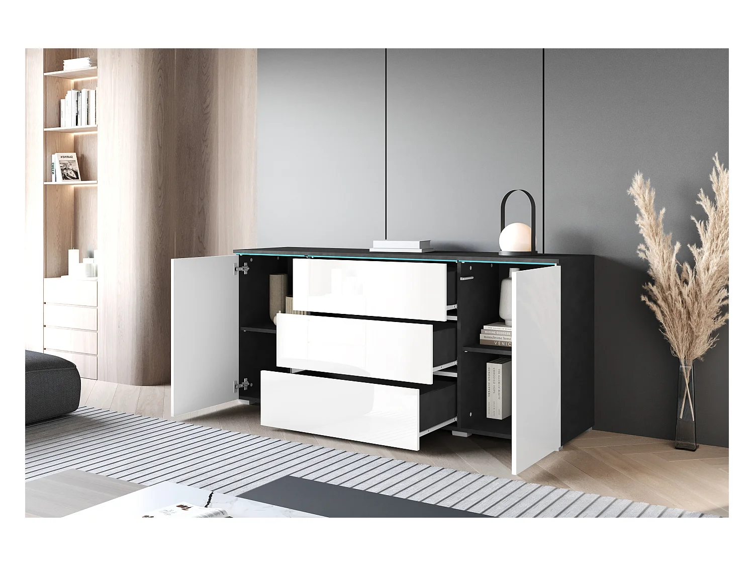 Modern dressoir 150 cm voor woonkamer 3 lades en 2 kastjes corpus matera mat en fronten wit hoogglans
