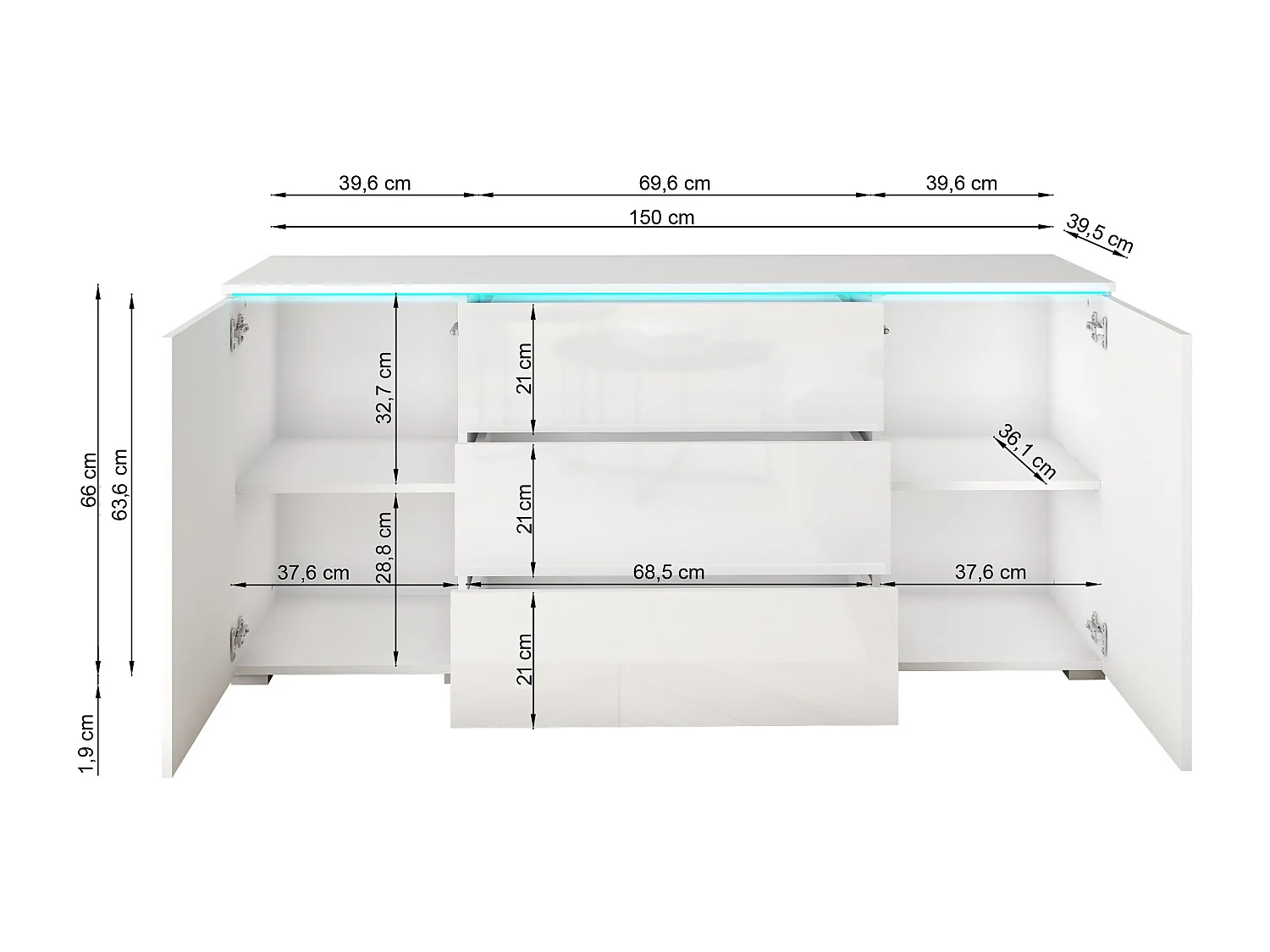 Modern dressoir 150 cm voor woonkamer 3 lades en 2 kastjes corpus matera mat en fronten wit hoogglans