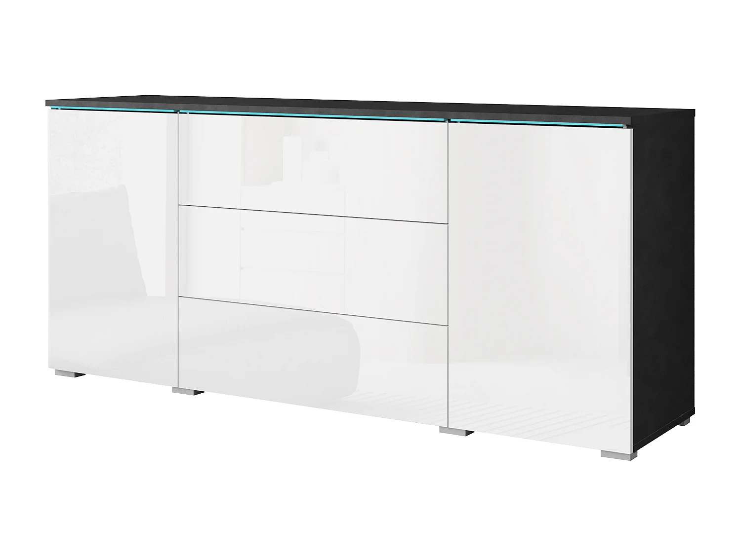 Buffet moderne 150 cm pour salon 3 tiroirs et 2 portes corps matera mat et façades blanc brillant
