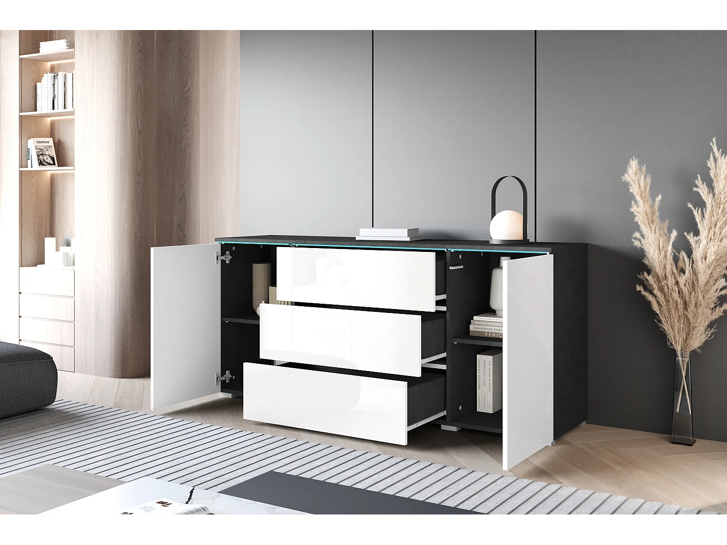 Buffet moderne 150 cm pour salon 3 tiroirs et 2 portes corps matera mat et façades blanc brillant