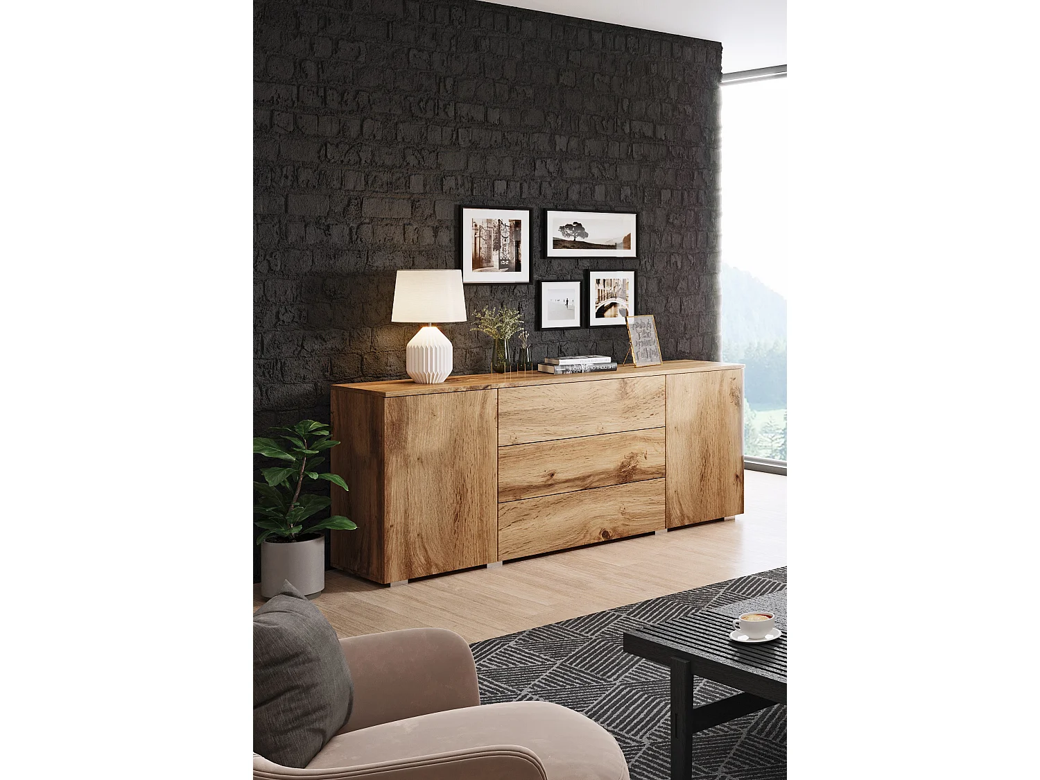 Buffet 150 cm mat pour salon – moderne avec tiroirs et portes chêne wotan