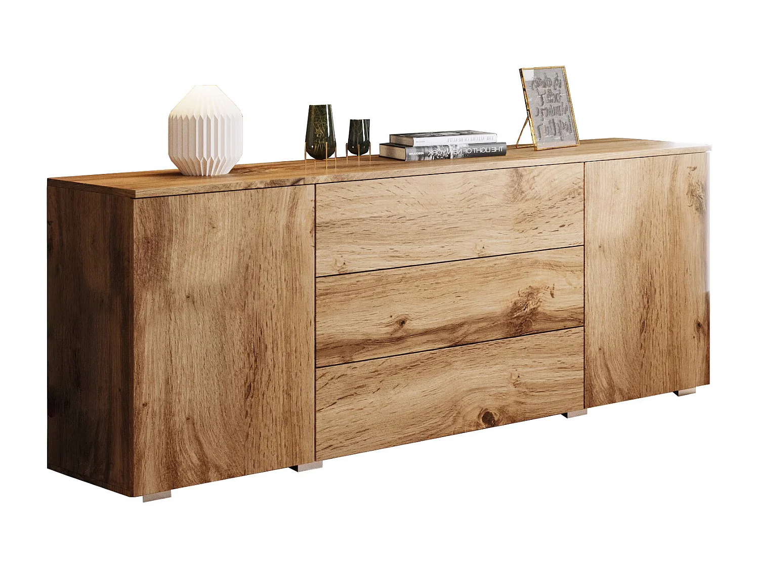 Buffet 150 cm mat pour salon – moderne avec tiroirs et portes chêne wotan