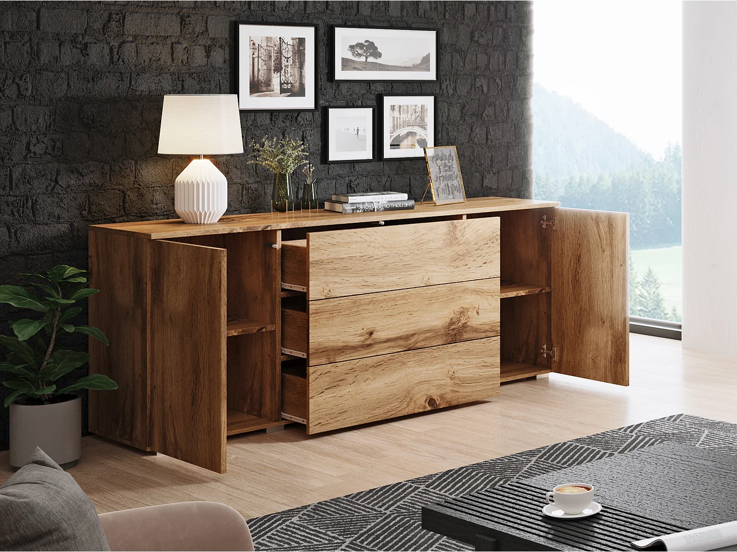 Buffet 150 cm mat pour salon – moderne avec tiroirs et portes chêne wotan