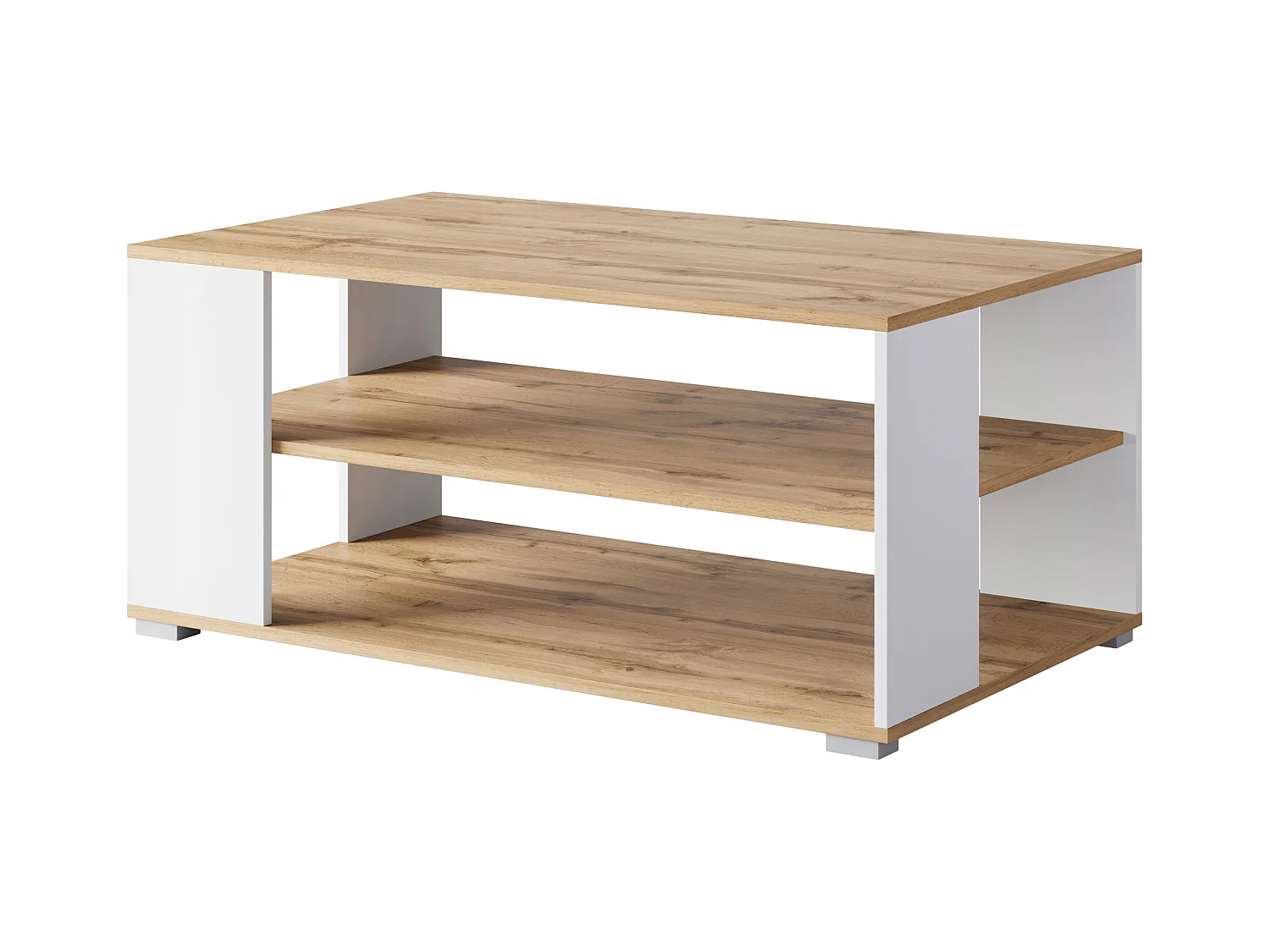 Nowoczesny, prosty stolik kawowy – prostokątny z 2 półkami, 100 cm, dąb wotan, biały mat