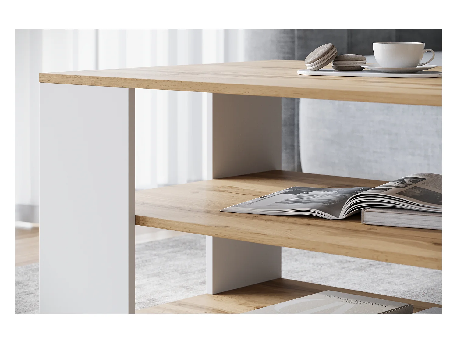 Nowoczesny, prosty stolik kawowy – prostokątny z 2 półkami, 100 cm, dąb wotan, biały mat