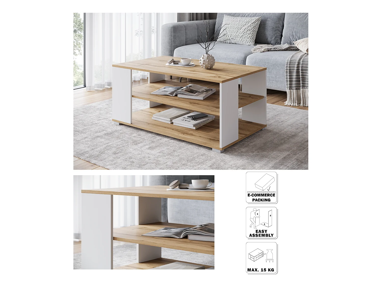 Nowoczesny, prosty stolik kawowy – prostokątny z 2 półkami, 100 cm, dąb wotan, biały mat