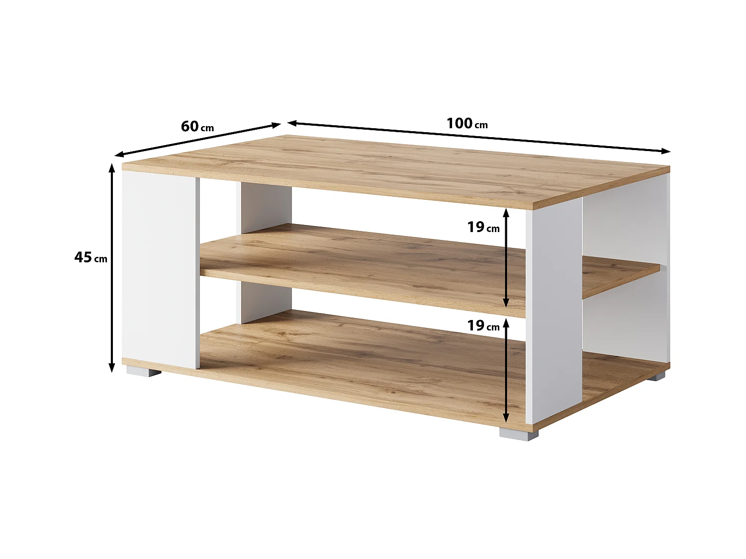 Nowoczesny, prosty stolik kawowy – prostokątny z 2 półkami, 100 cm, dąb wotan, biały mat