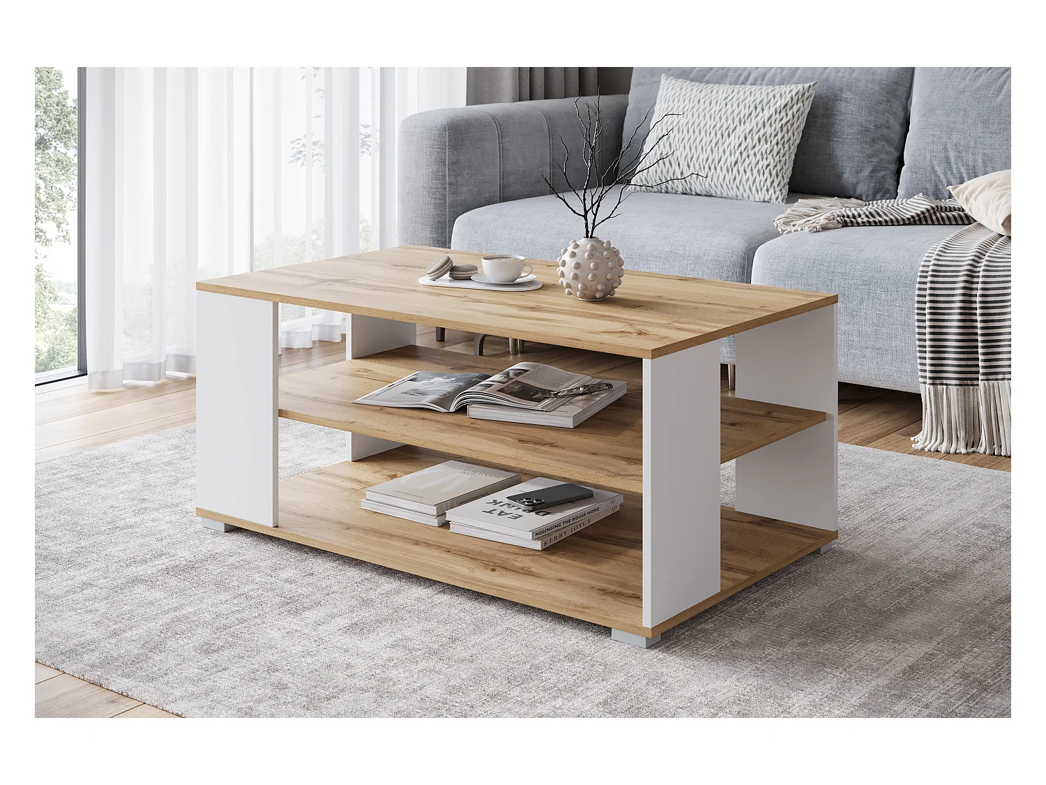 Table basse moderne rectangulaire simple avec 2 étagères, 100 cm, chêne wotan, blanc mat