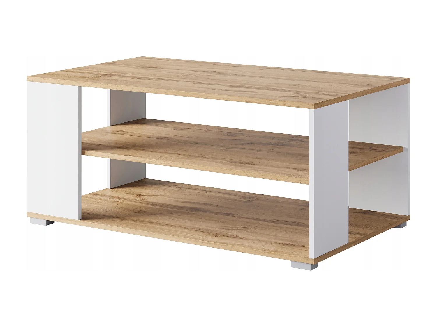 Nowoczesny, prosty stolik kawowy – prostokątny z 2 półkami, 100 cm, dąb wotan, biały mat