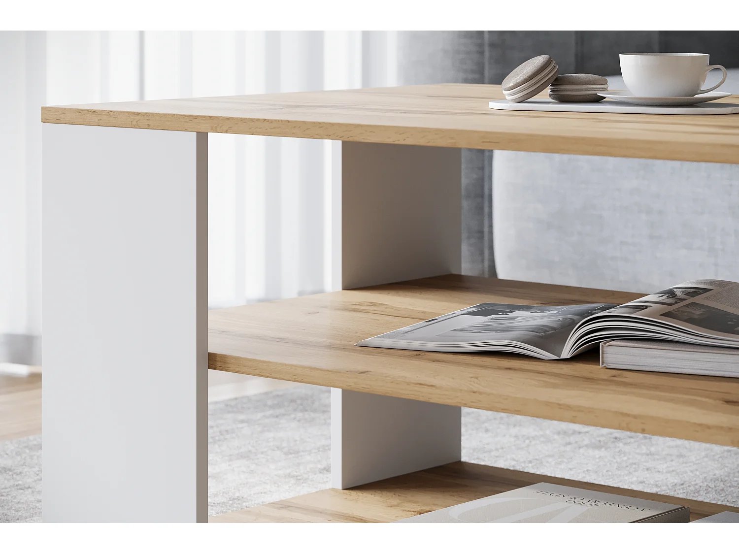 Nowoczesny, prosty stolik kawowy – prostokątny z 2 półkami, 100 cm, dąb wotan, biały mat