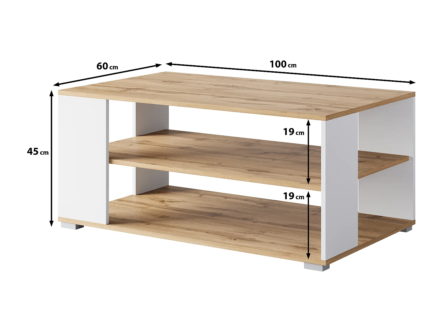 Nowoczesny, prosty stolik kawowy – prostokątny z 2 półkami, 100 cm, dąb wotan, biały mat