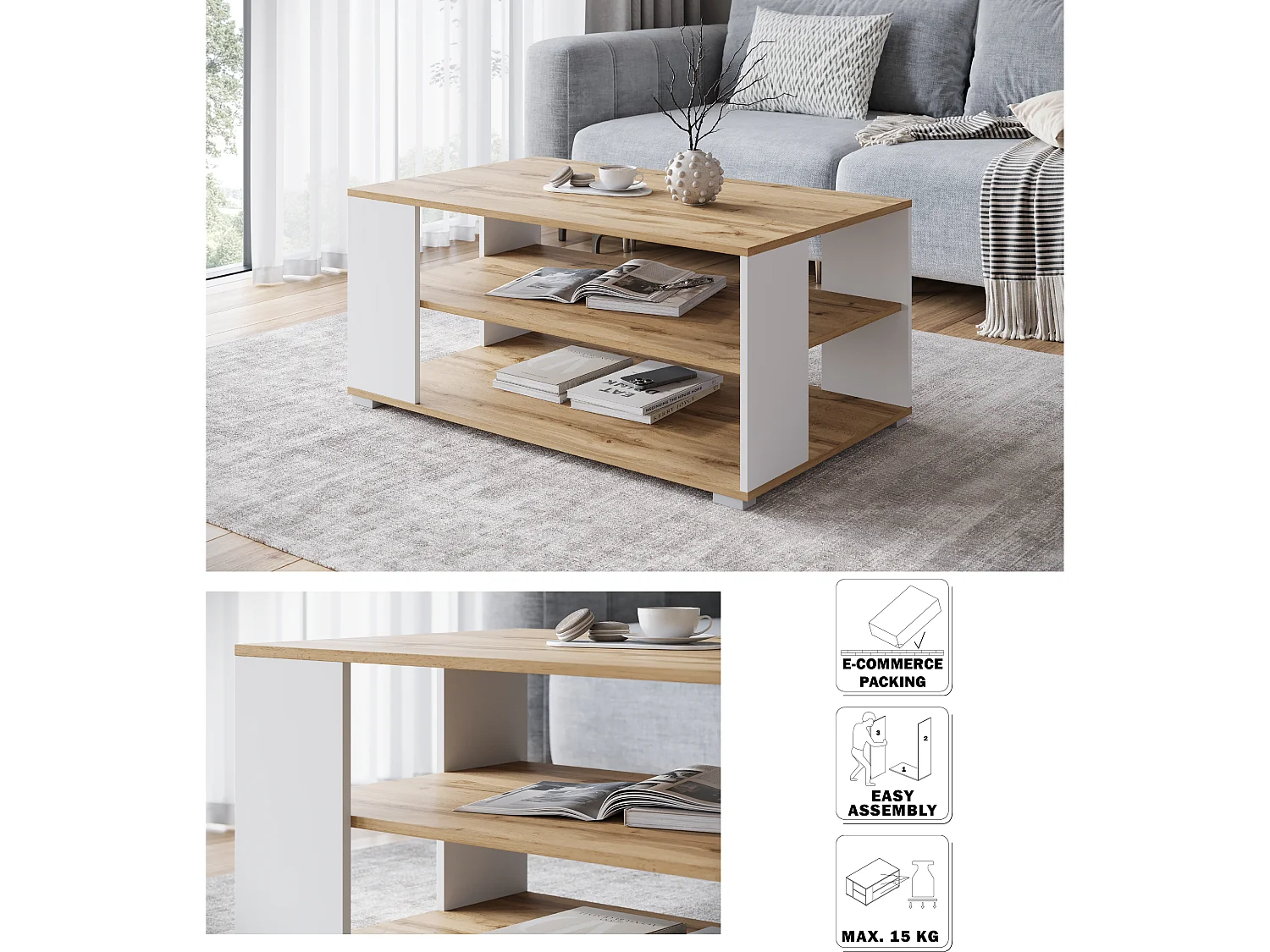 Table basse moderne rectangulaire simple avec 2 étagères, 100 cm, chêne wotan, blanc mat