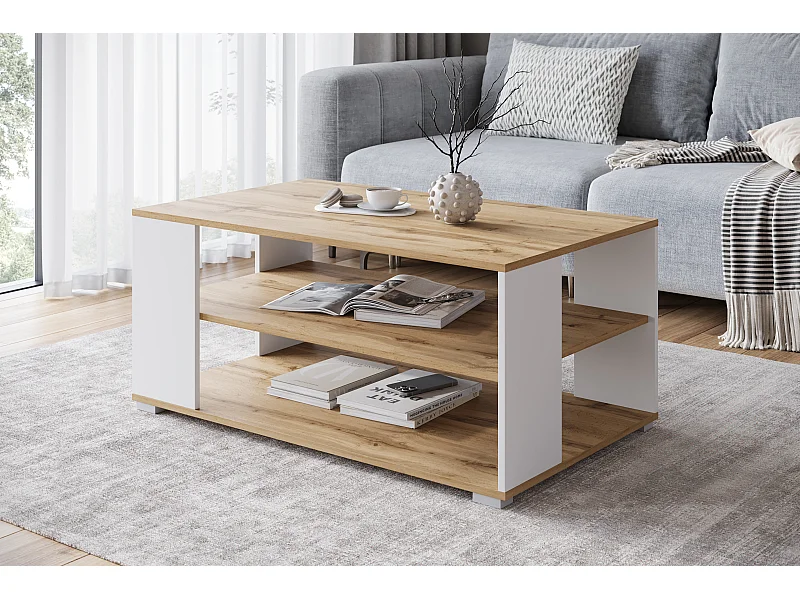 Table basse moderne rectangulaire simple avec 2 étagères, 100 cm, chêne wotan, blanc mat