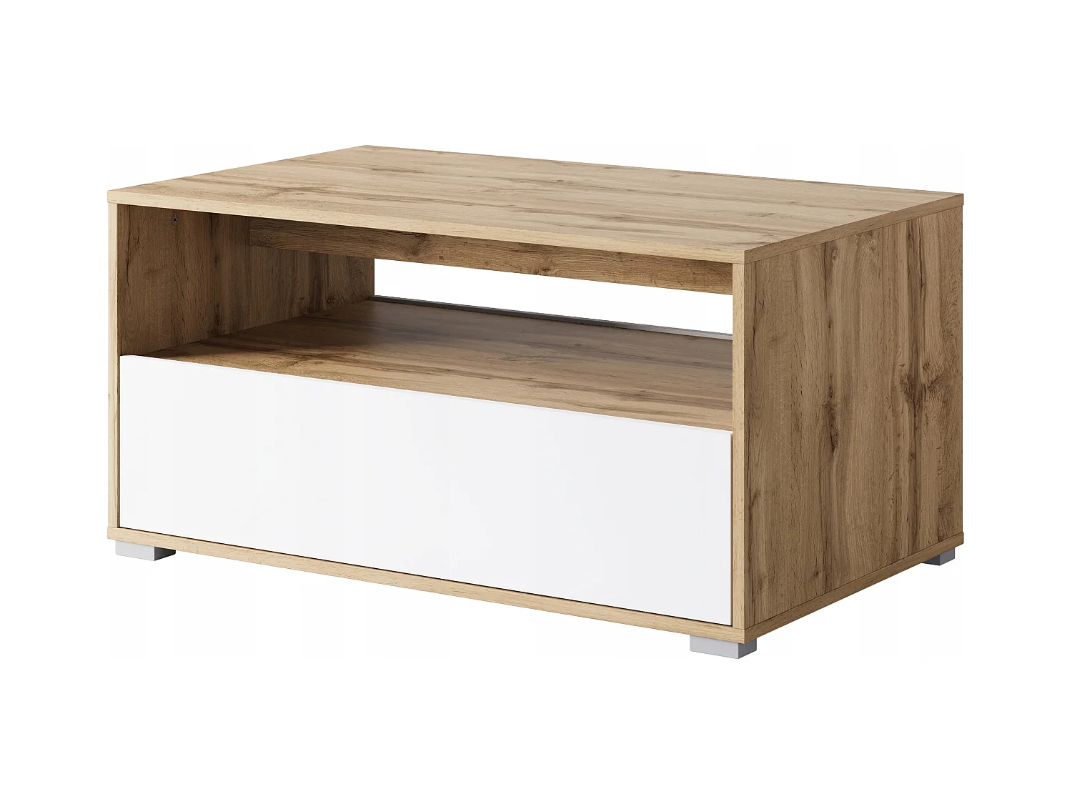 Moderne salontafel rechthoekig met plank en opbergruimte, 90 cm, eik wotan, wit mat