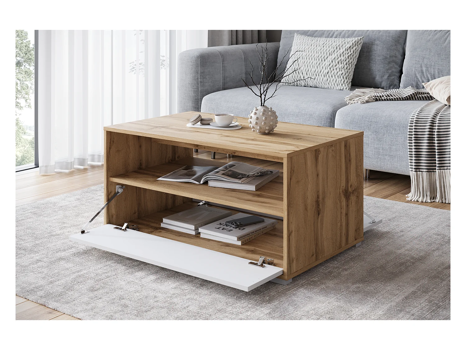 Moderne salontafel rechthoekig met plank en opbergruimte, 90 cm, eik wotan, wit mat