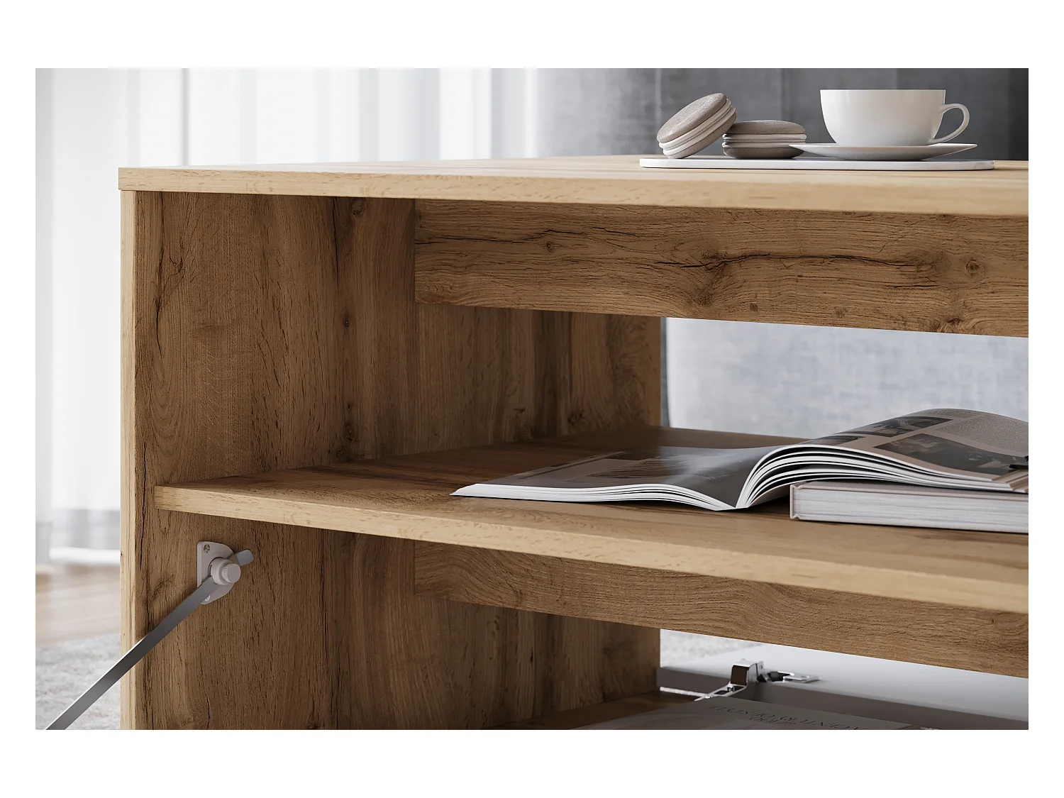 Moderne salontafel rechthoekig met plank en opbergruimte, 90 cm, eik wotan, wit mat