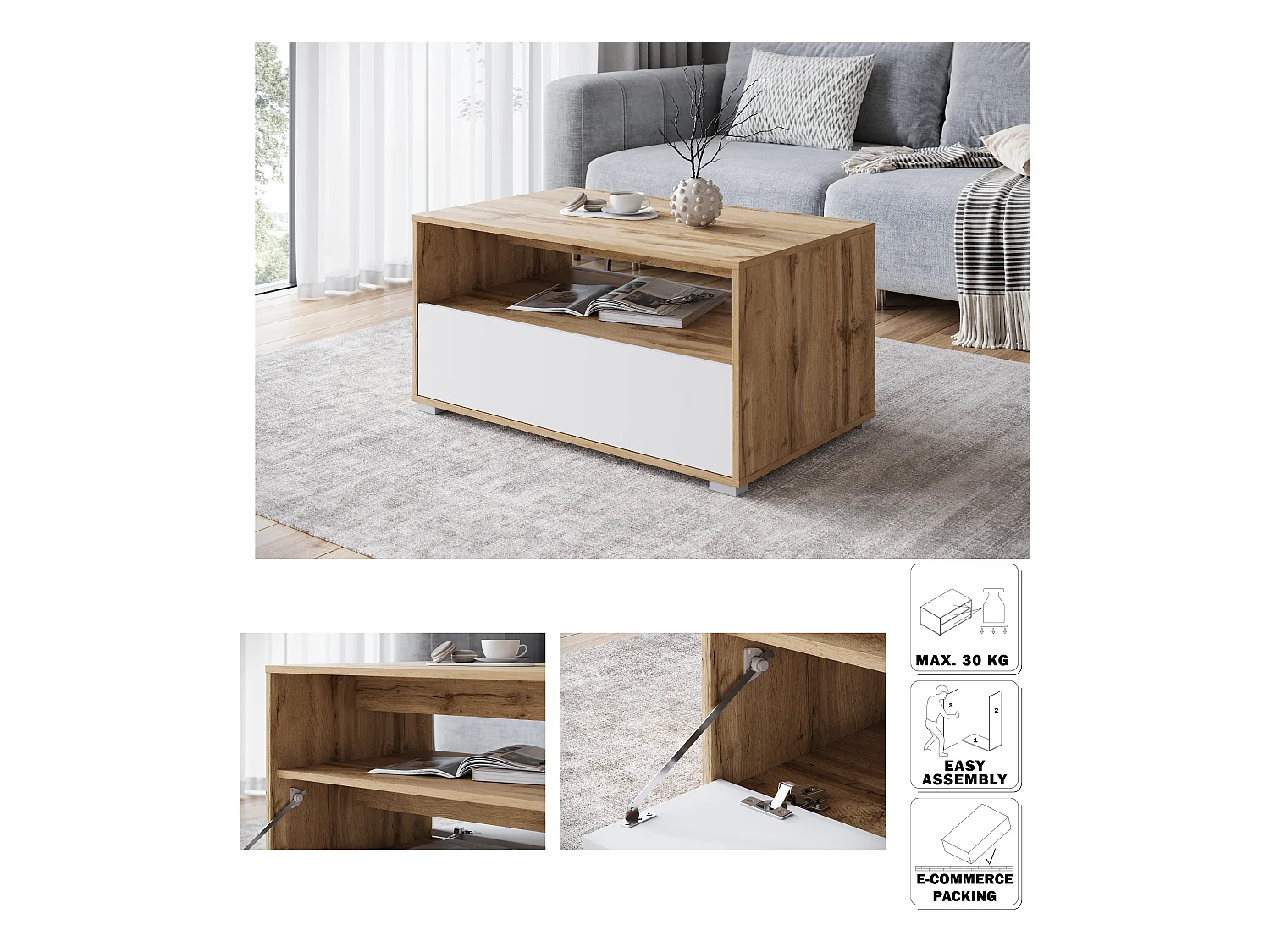 Moderne salontafel rechthoekig met plank en opbergruimte, 90 cm, eik wotan, wit mat