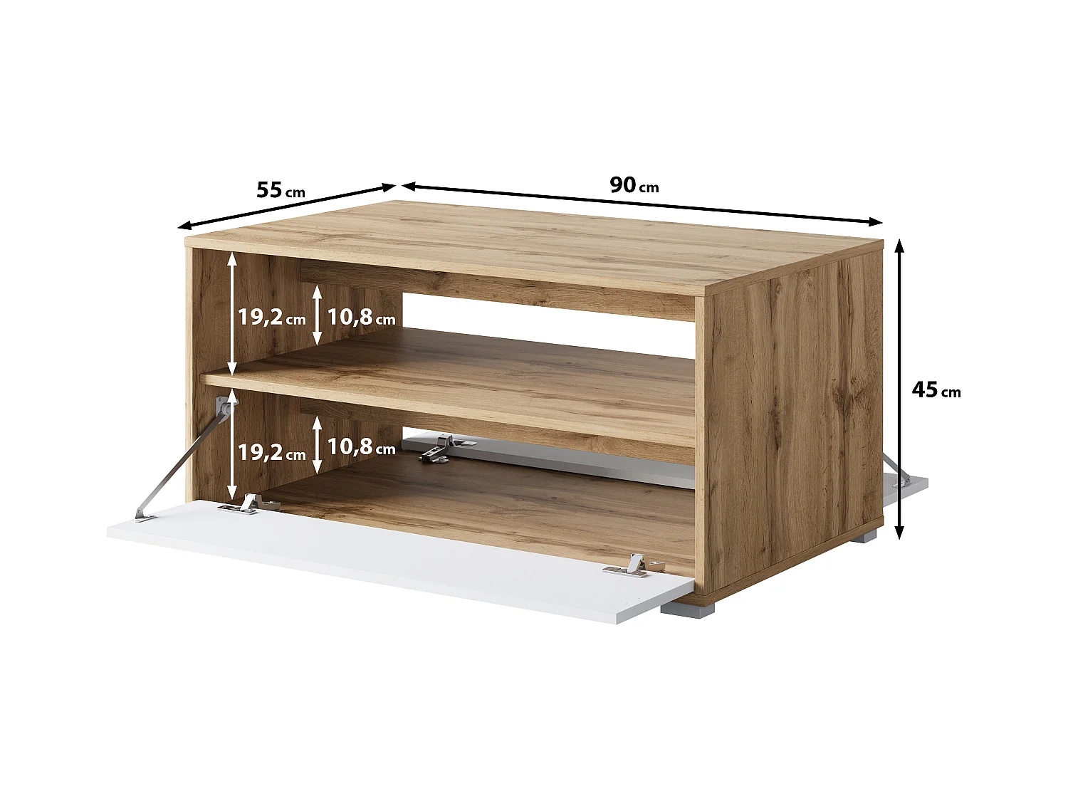 Moderne salontafel rechthoekig met plank en opbergruimte, 90 cm, eik wotan, wit mat