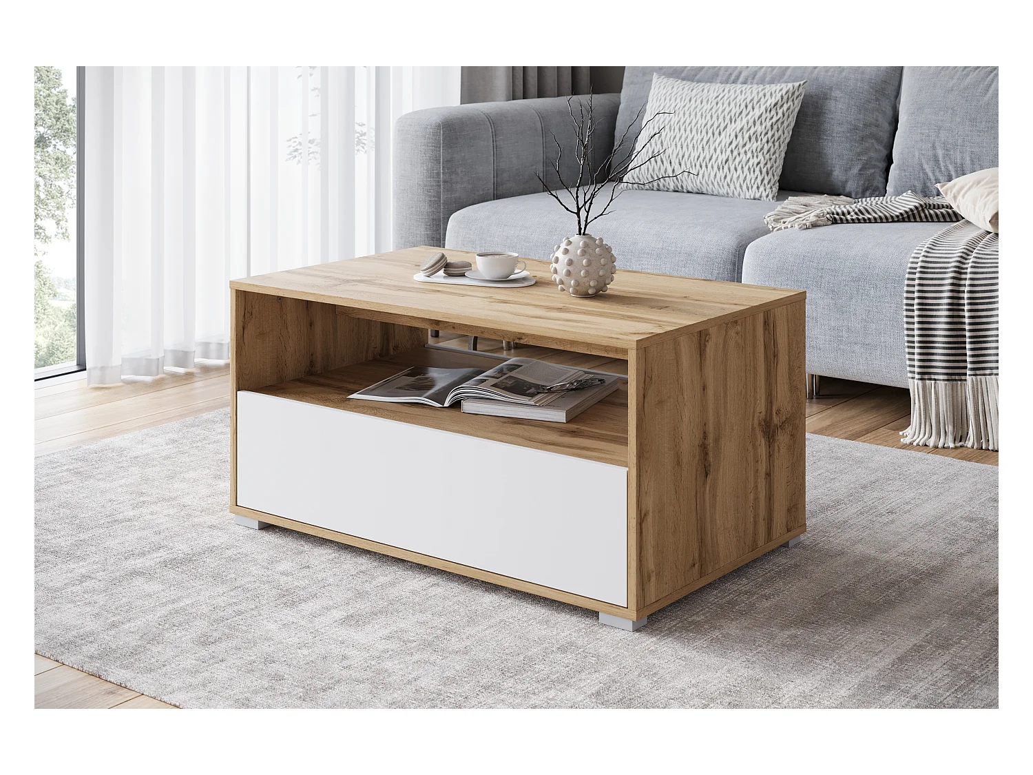 Table basse moderne rectangulaire avec étagère et compartiment, 90 cm, chêne wotan, blanc mat