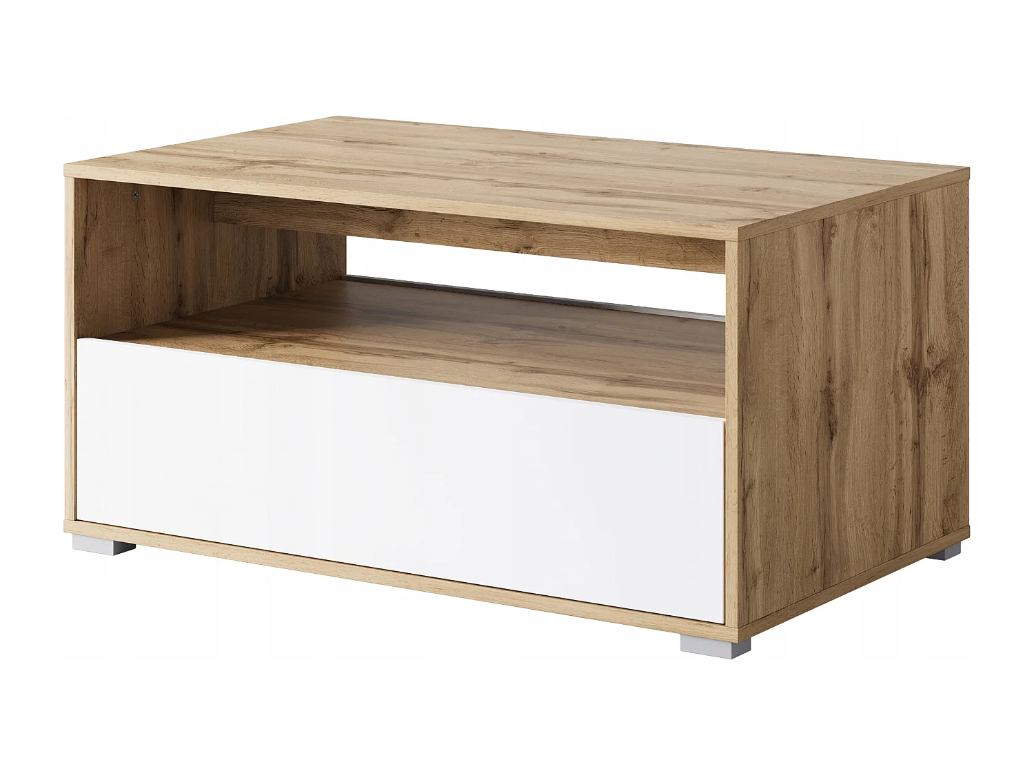 Nowoczesny stolik kawowy do salonu, prostokątny z półką i schowkiem, 90 cm, dąb wotan, biały mat