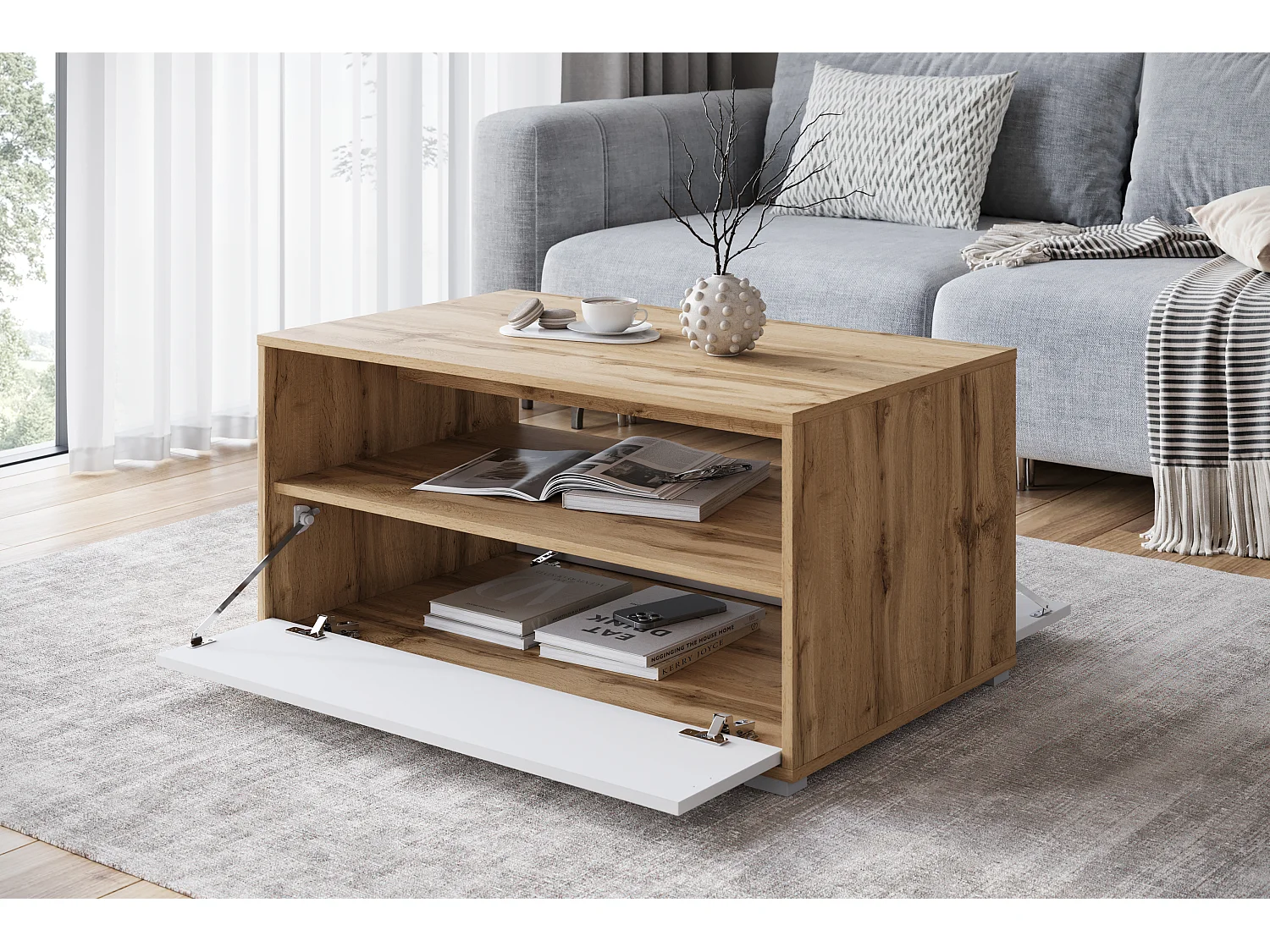 Nowoczesny stolik kawowy do salonu, prostokątny z półką i schowkiem, 90 cm, dąb wotan, biały mat