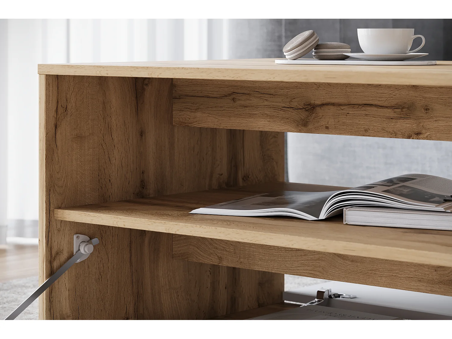 Nowoczesny stolik kawowy do salonu, prostokątny z półką i schowkiem, 90 cm, dąb wotan, biały mat