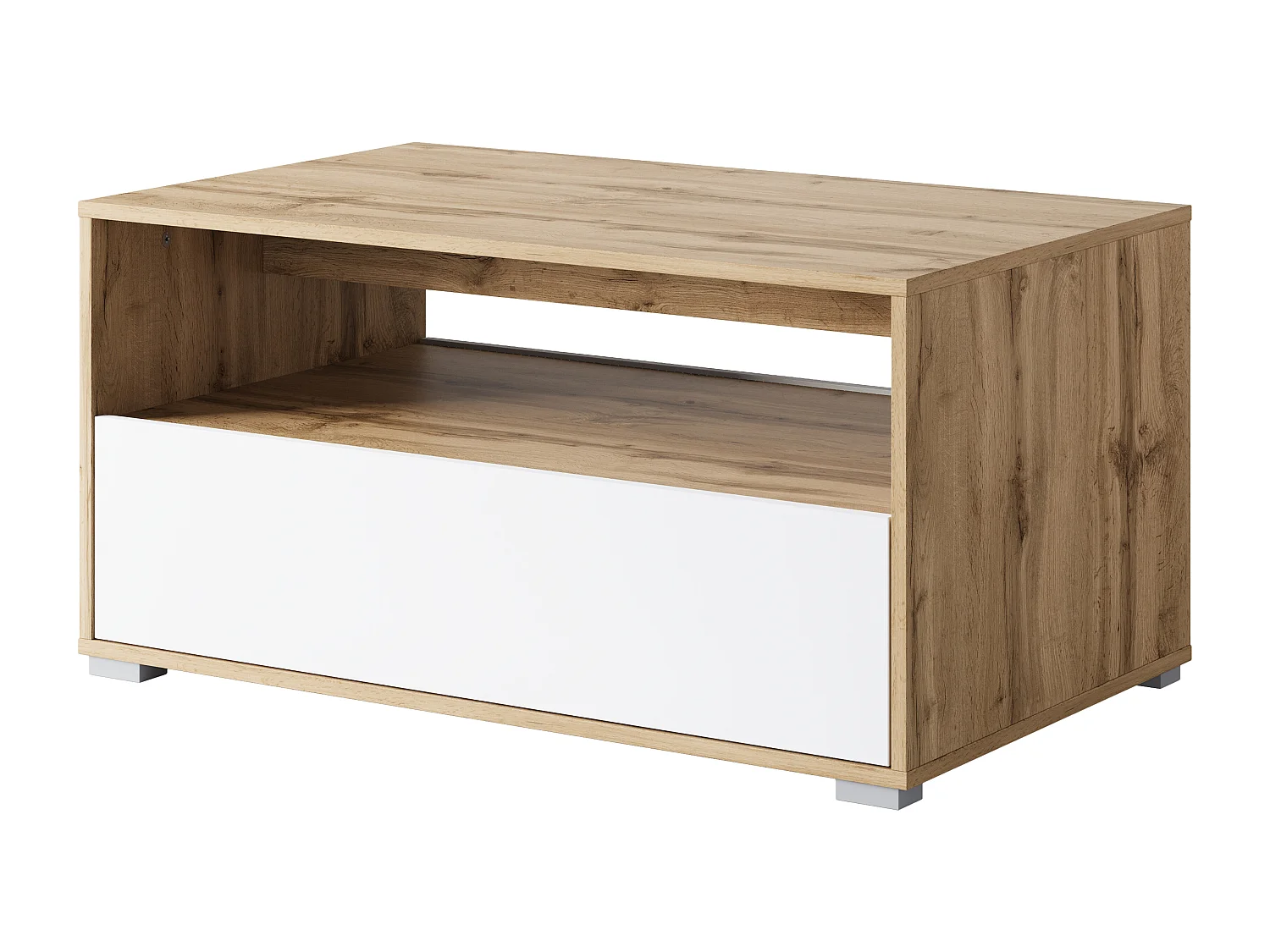 Table basse moderne rectangulaire avec étagère et compartiment, 90 cm, chêne wotan, blanc mat