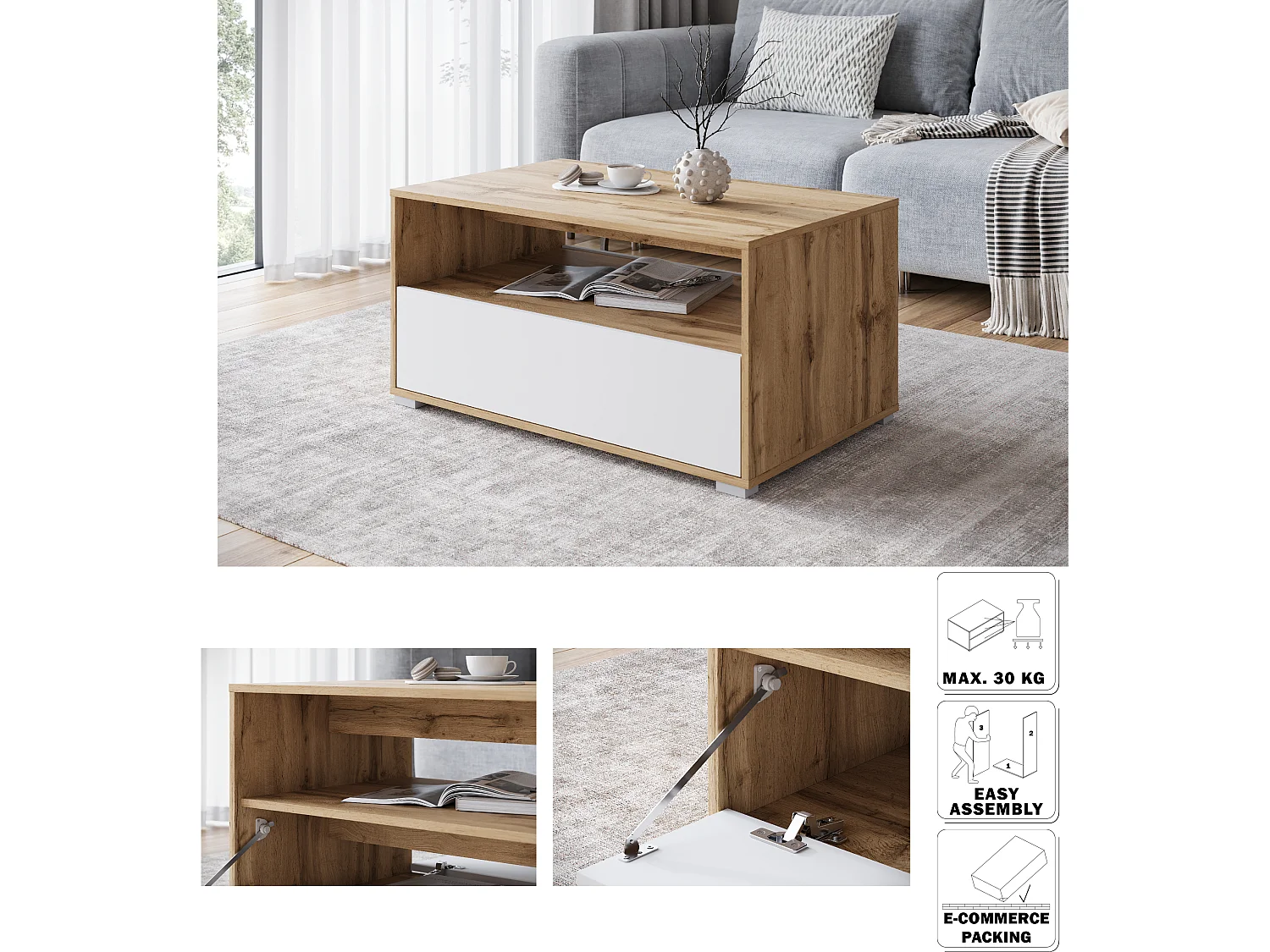 Table basse moderne rectangulaire avec étagère et compartiment, 90 cm, chêne wotan, blanc mat