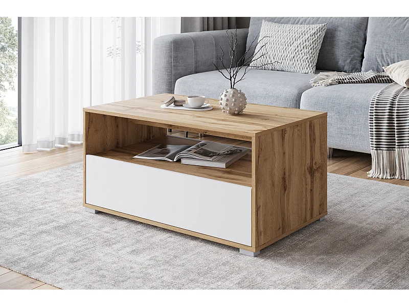 Mesa de centro moderna rectangular con estante y compartimento, 90 cm, roble wotan, blanco mate