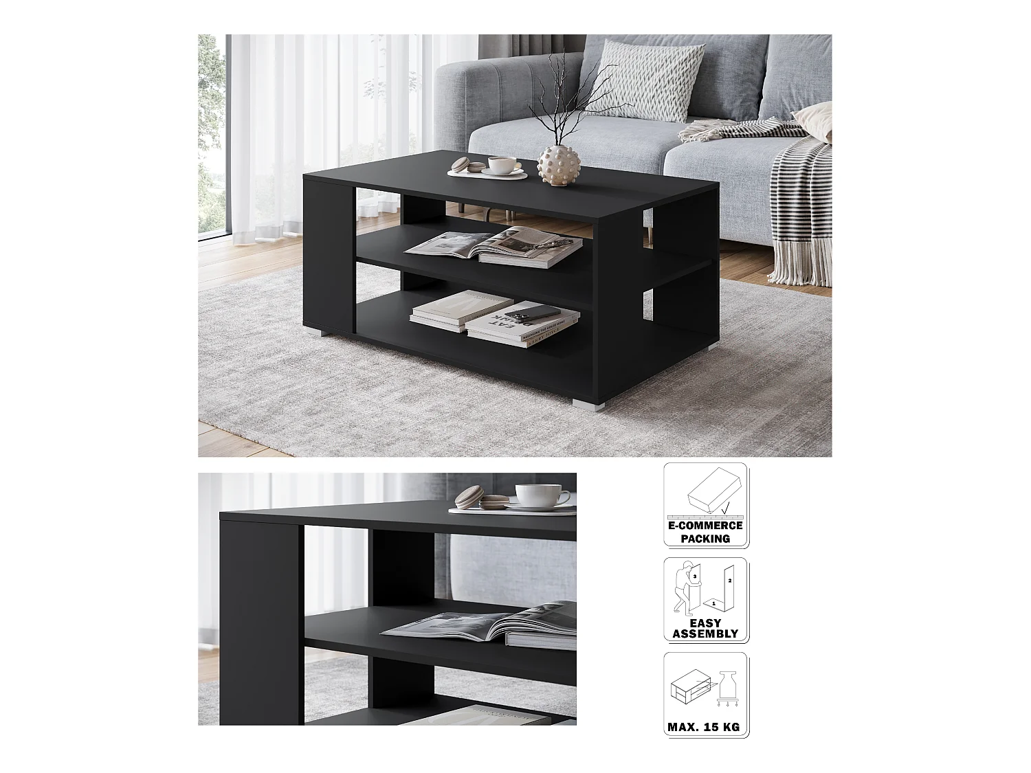 Moderne eenvoudige salontafel rechthoekig met 2 planken, 100 cm, zwart mat