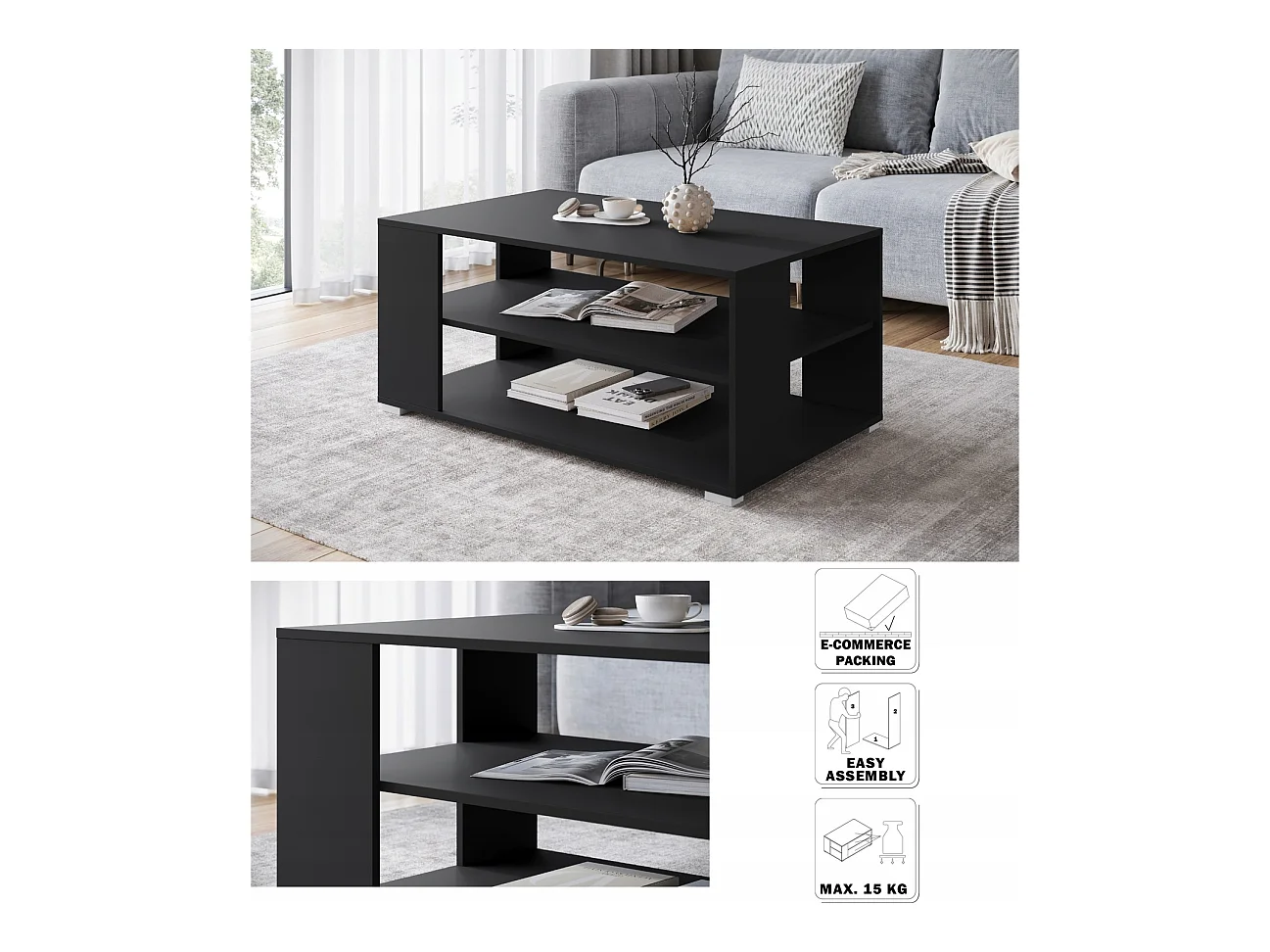 Moderne eenvoudige salontafel rechthoekig met 2 planken, 100 cm, zwart mat