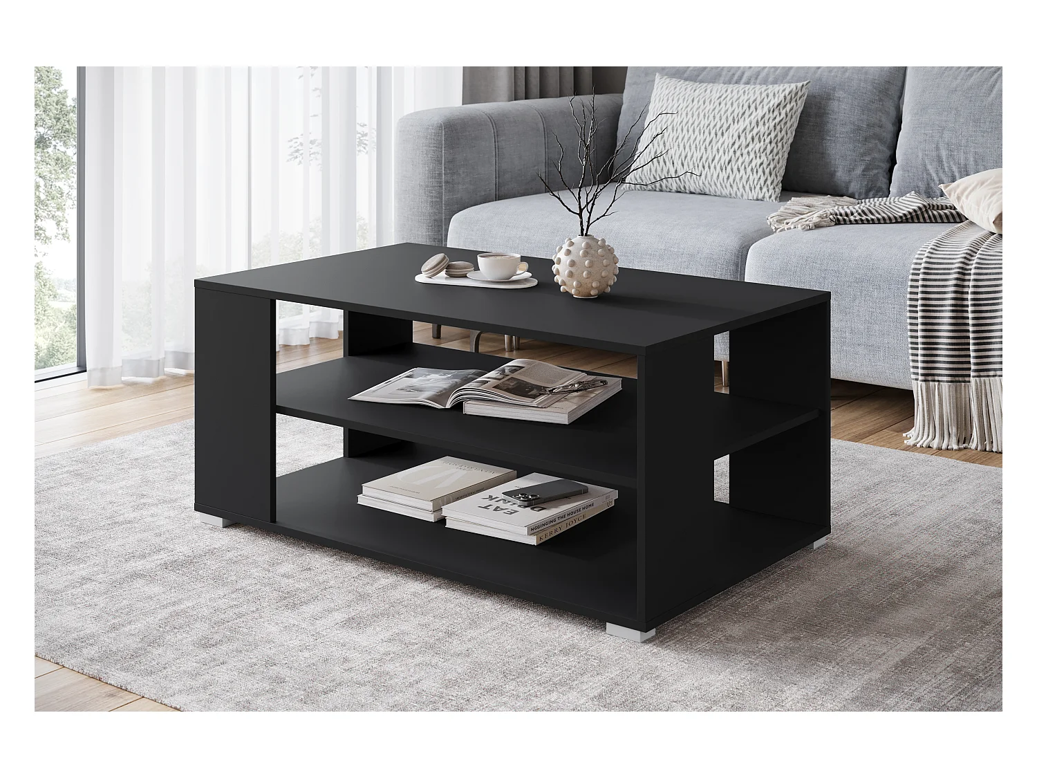 Table basse moderne rectangulaire simple avec 2 étagères, 100 cm, noir mat