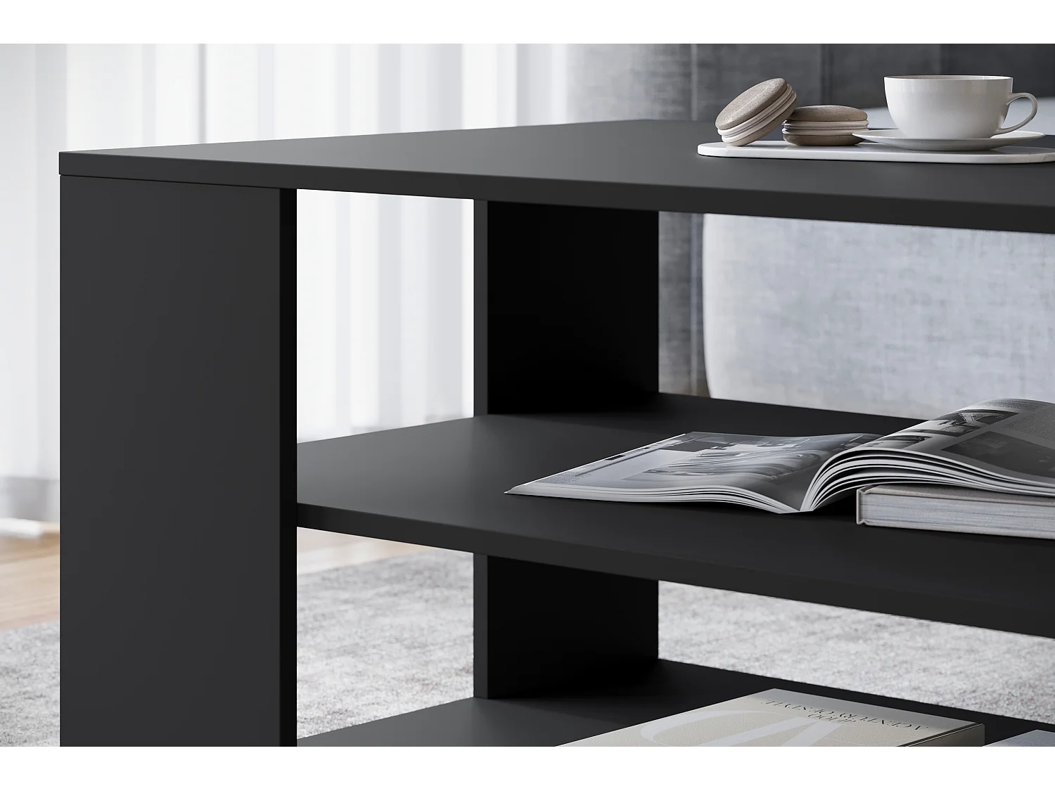Table basse moderne rectangulaire simple avec 2 étagères, 100 cm, noir mat