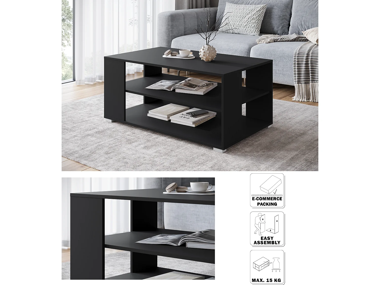 Moderner rechteckiger Couchtisch mit 2 offenen Regalen, 100 cm, Mattschwarz