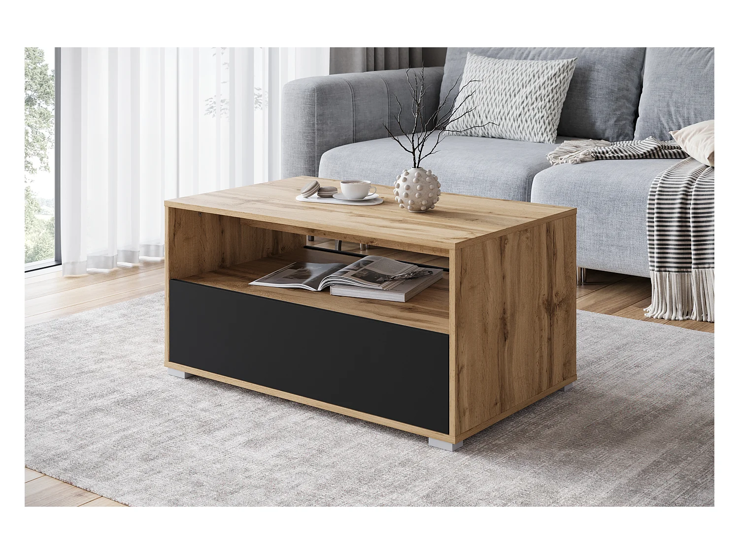 Nowoczesny stolik kawowy do salonu, prostokątny z półką i schowkiem, 90 cm, dąb wotan, czarny mat