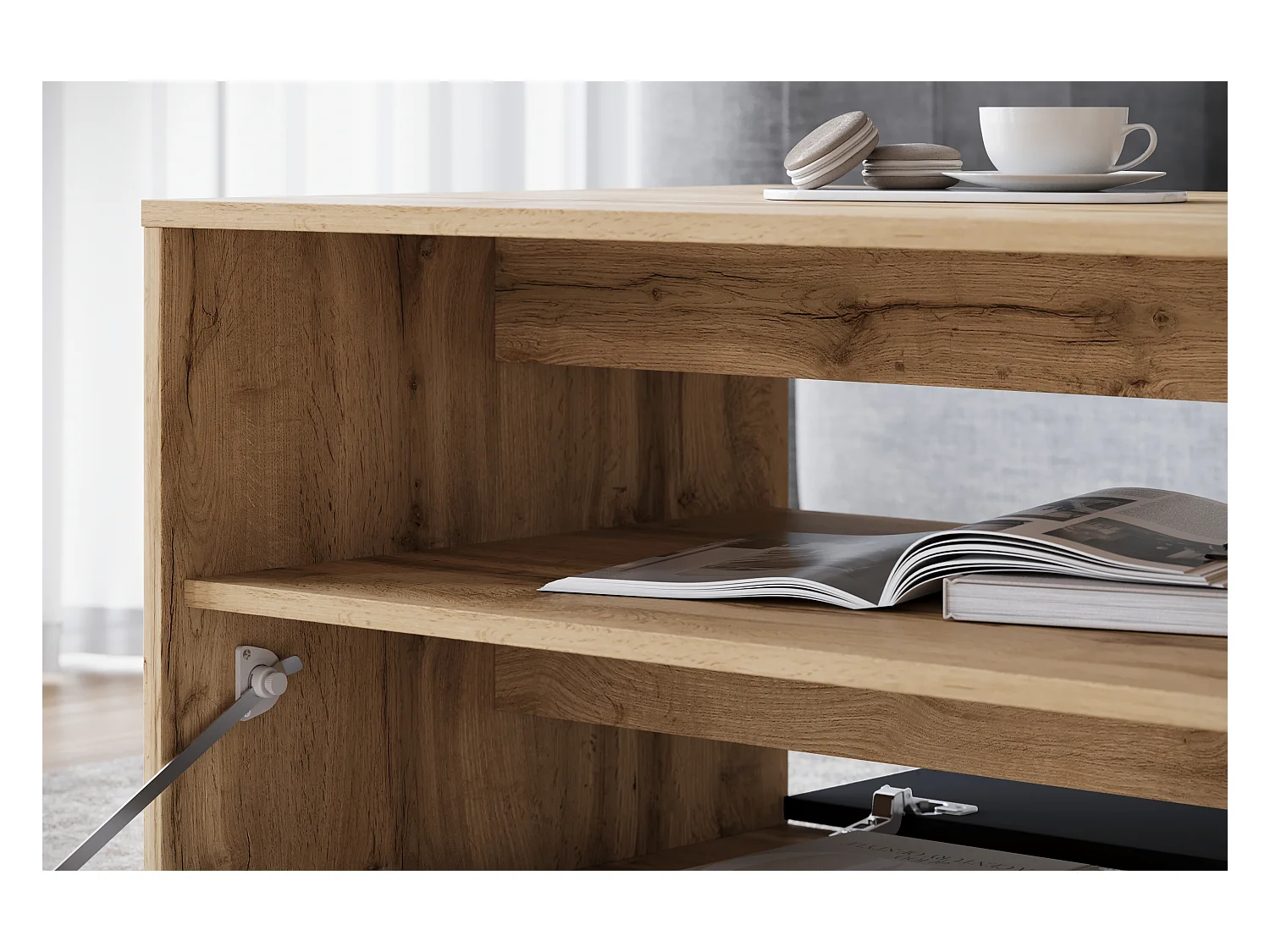 Nowoczesny stolik kawowy do salonu, prostokątny z półką i schowkiem, 90 cm, dąb wotan, czarny mat