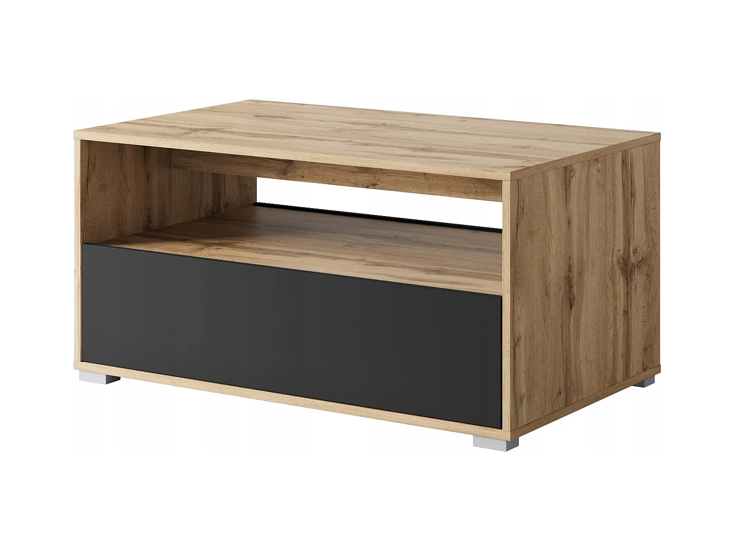 Table basse moderne rectangulaire avec étagère et compartiment, 90 cm, chêne wotan, noir mat