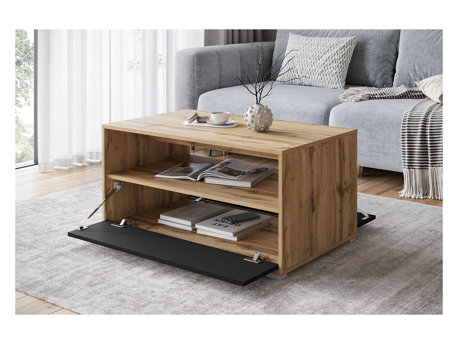 Table basse moderne rectangulaire avec étagère et compartiment, 90 cm, chêne wotan, noir mat