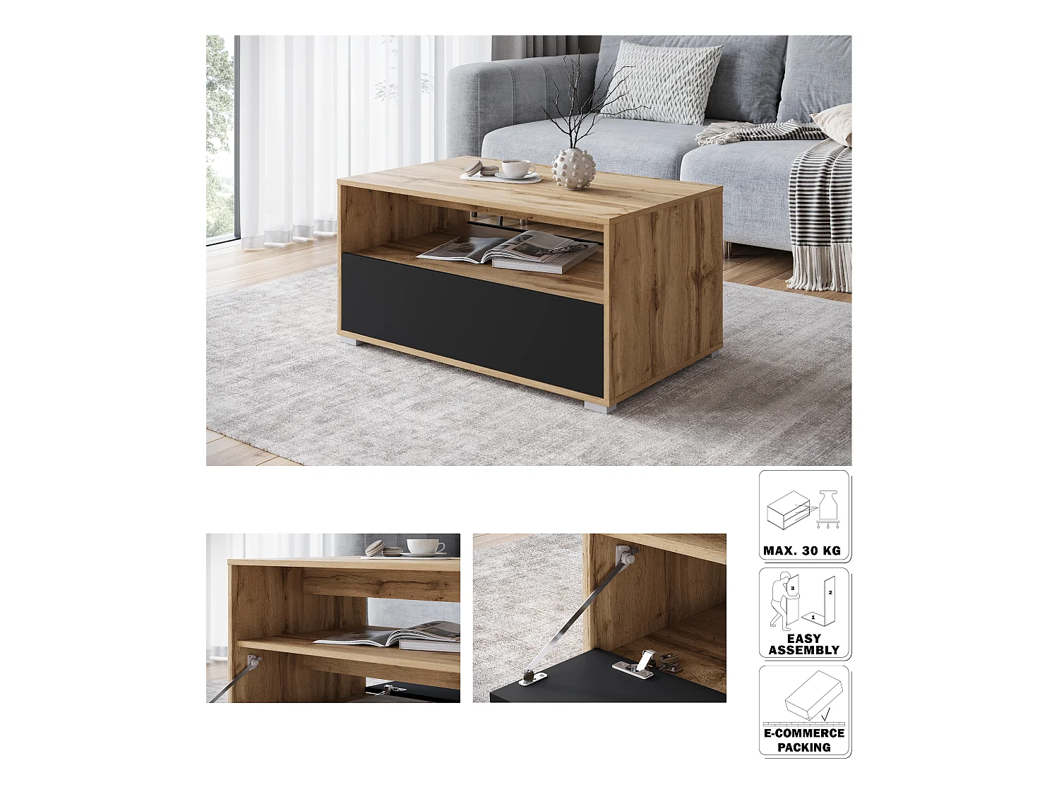 Table basse moderne rectangulaire avec étagère et compartiment, 90 cm, chêne wotan, noir mat