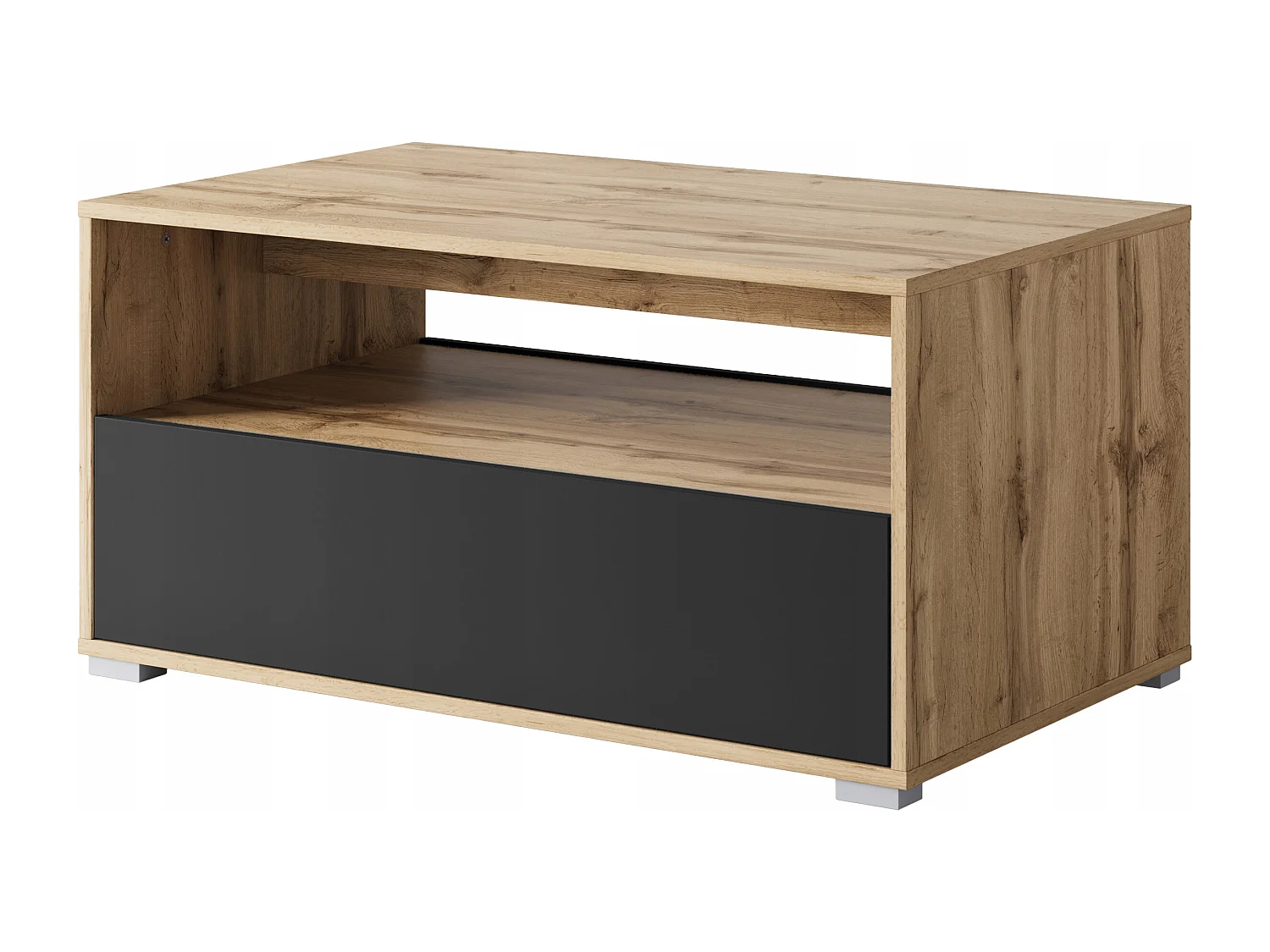 Table basse moderne rectangulaire avec étagère et compartiment, 90 cm, chêne wotan, noir mat