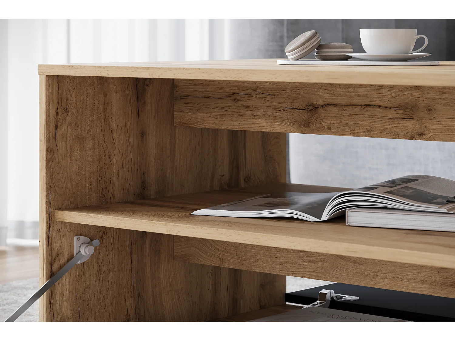 Table basse moderne rectangulaire avec étagère et compartiment, 90 cm, chêne wotan, noir mat
