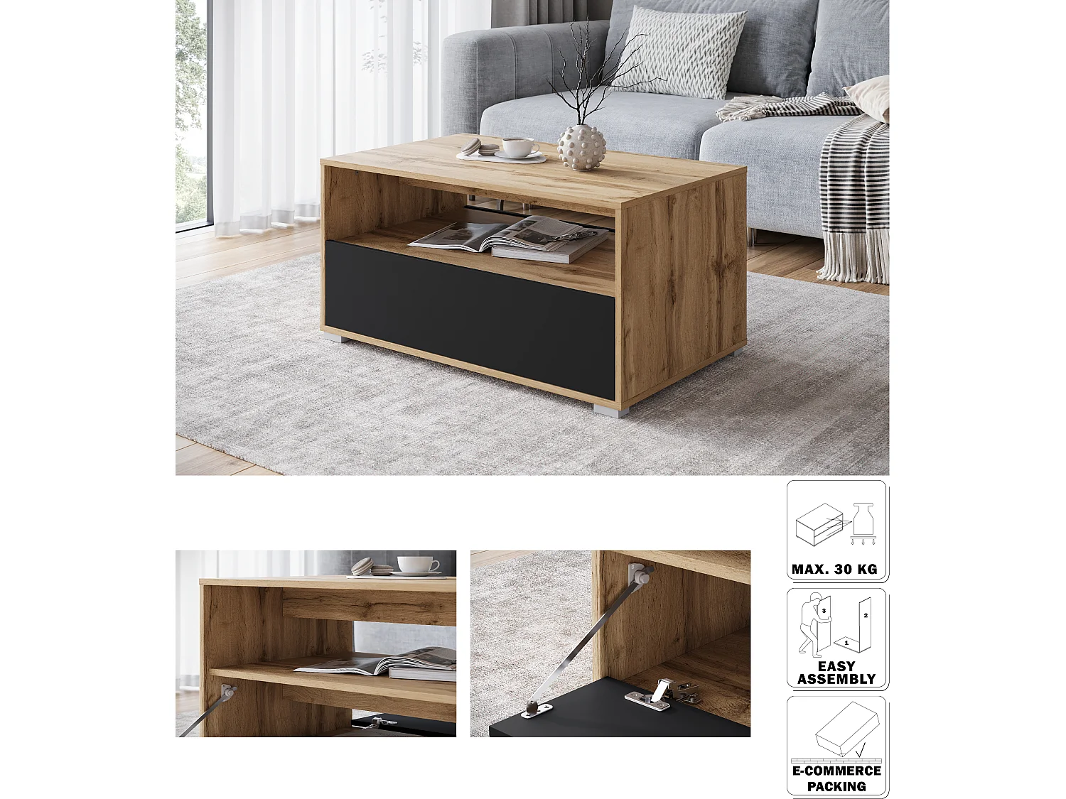 Table basse moderne rectangulaire avec étagère et compartiment, 90 cm, chêne wotan, noir mat