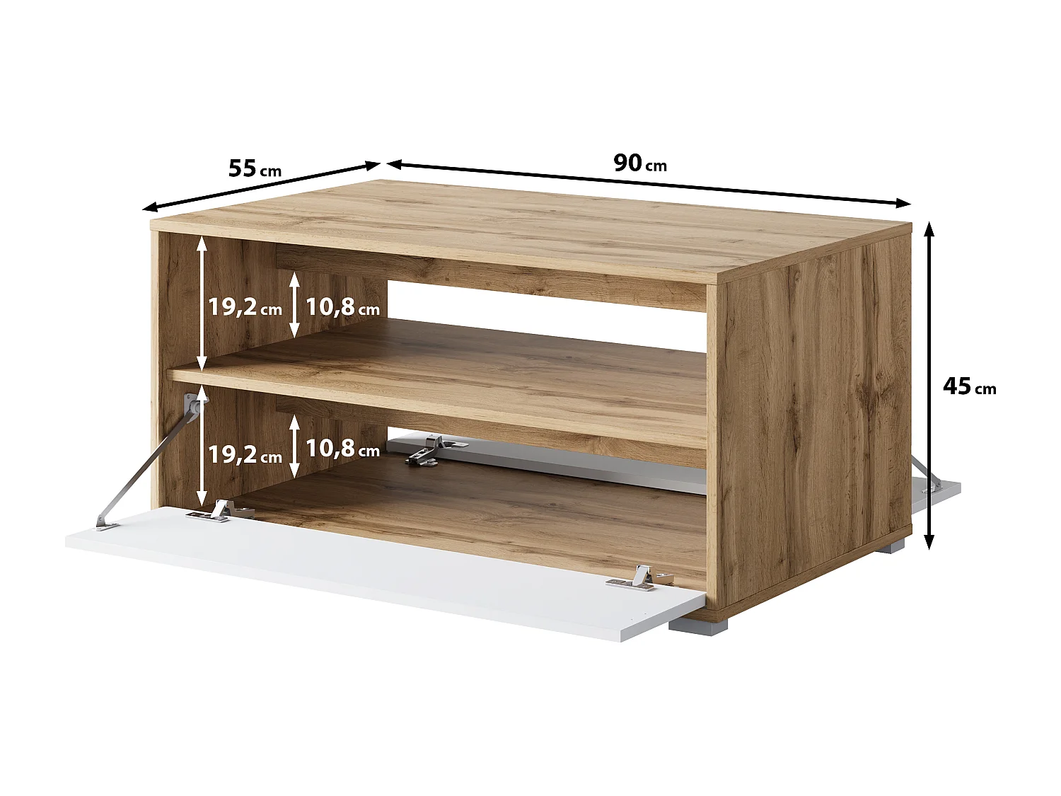 Table basse moderne rectangulaire avec étagère et compartiment, 90 cm, chêne wotan, noir mat