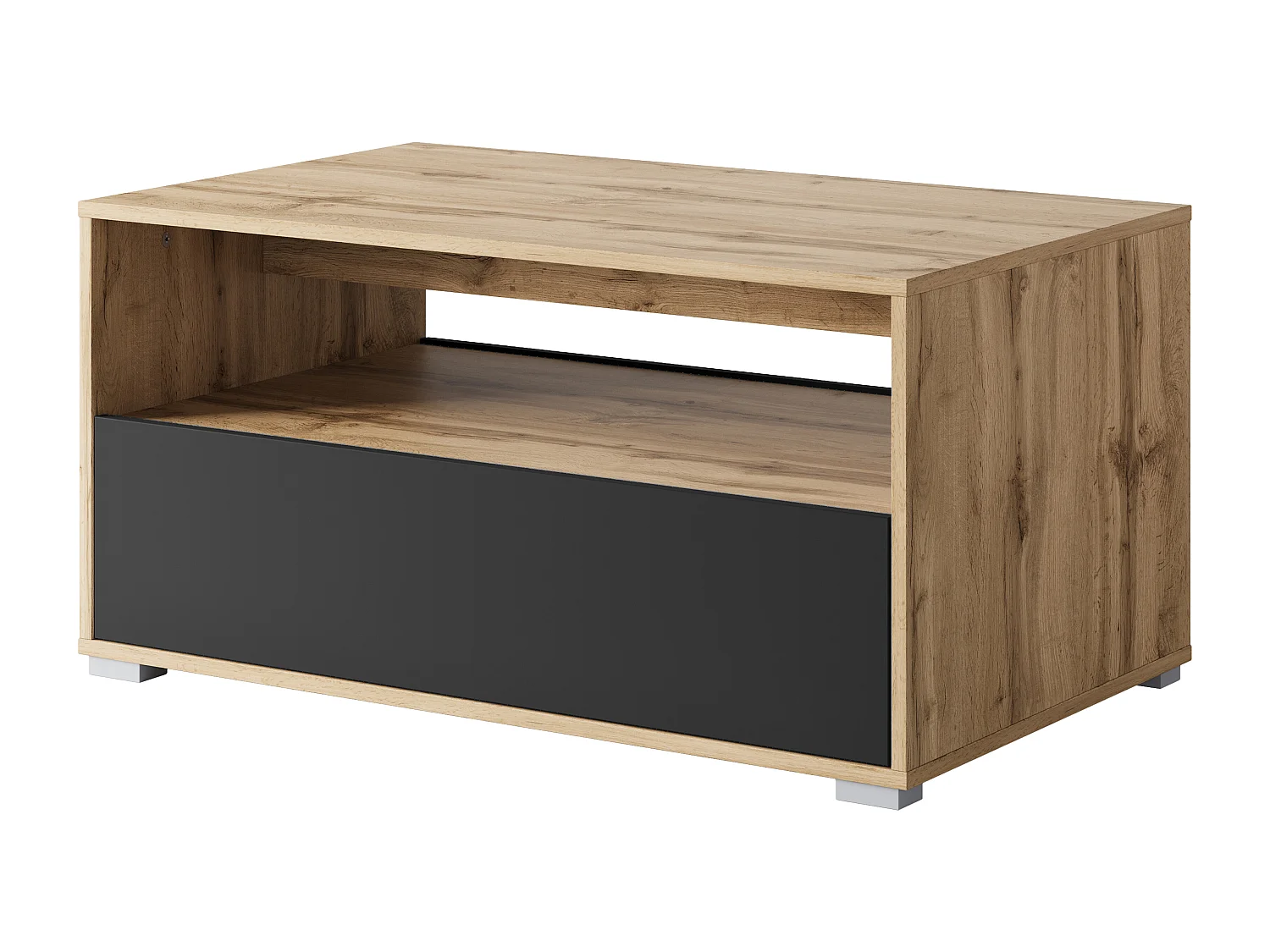 Moderne salontafel rechthoekig met plank en opbergruimte, 90 cm, eik wotan, zwart mat