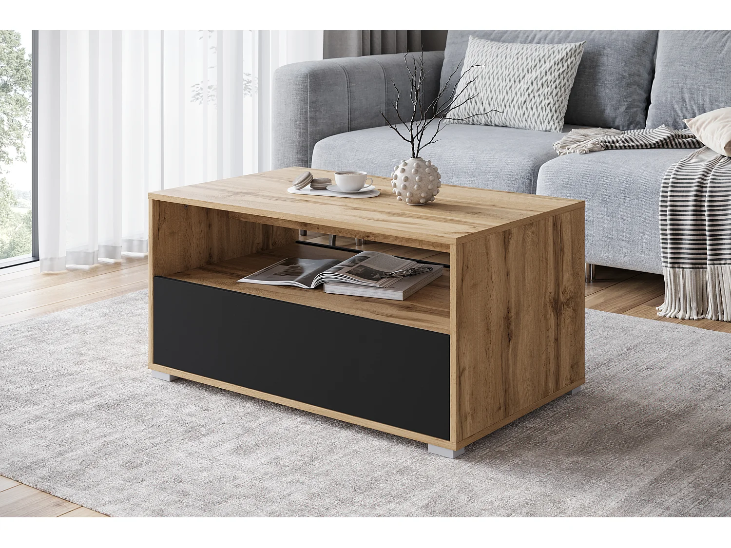 Moderne salontafel rechthoekig met plank en opbergruimte, 90 cm, eik wotan, zwart mat